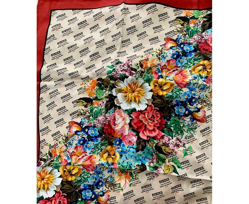 Gucci Women's Beige Monogram Logo Print Red Flower Motif Silk Scarf