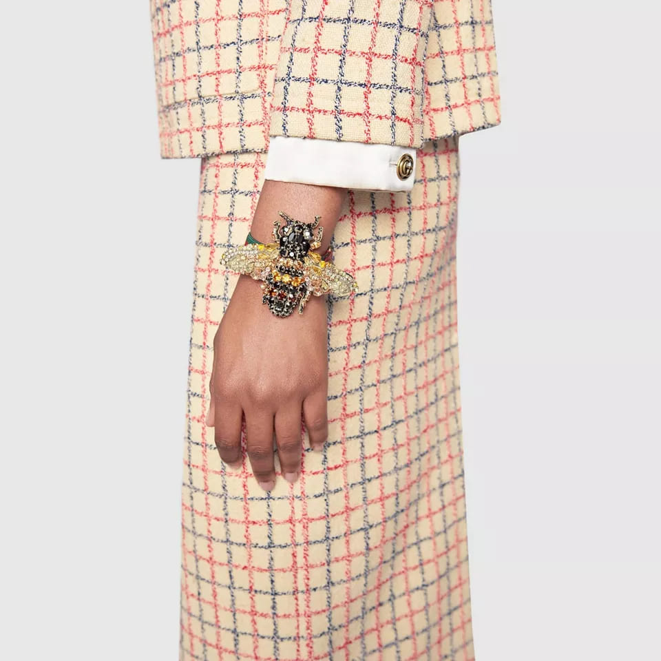 Gucci★素敵！Crystal Bee Bracelet GRG Elastic Band Gucci Black/Gold Crystal Bee Bracelet w/Tiger Head and GRG