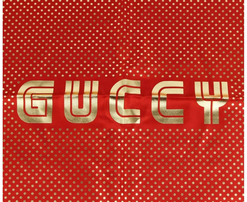 Gucci Women's Red Silk With Gold Star Print And "GUCCY" Logo Scarf 519591 6500