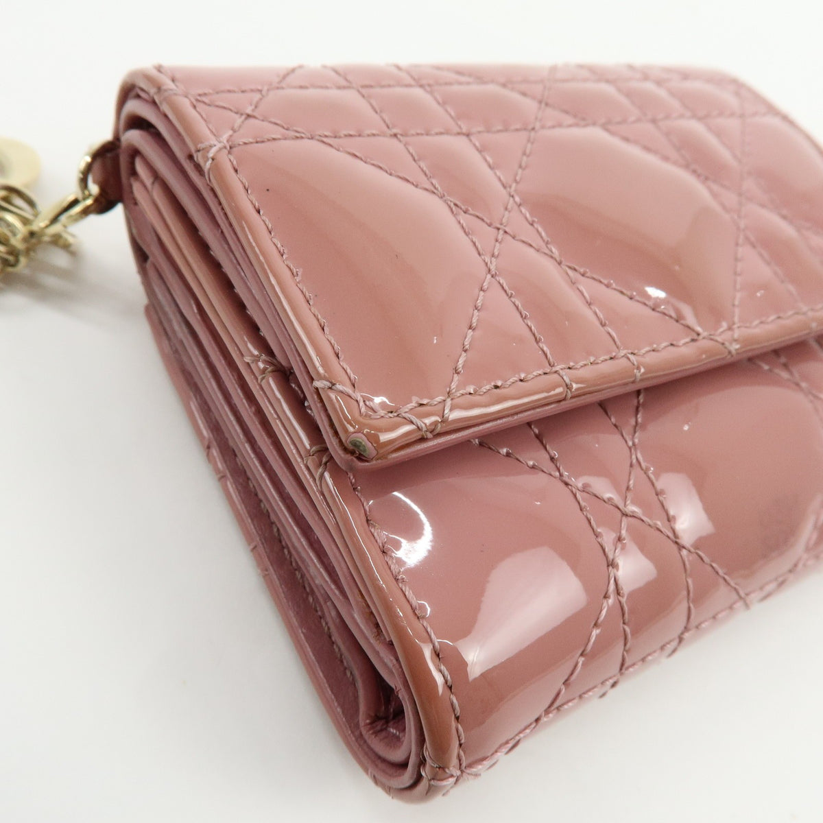 Christian Dior Lady Dior Cannage Quilt Leather Pink Patent_Leather Wallets Accessory (Pre-Owned)