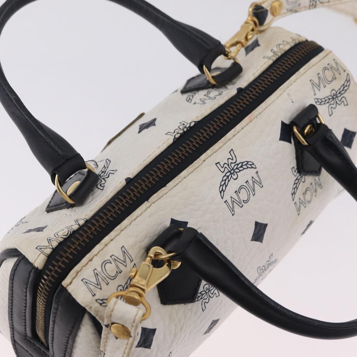 MCM Vicetos Logogram Boston White Canvas Travel Bag Bag (Pre-Owned)