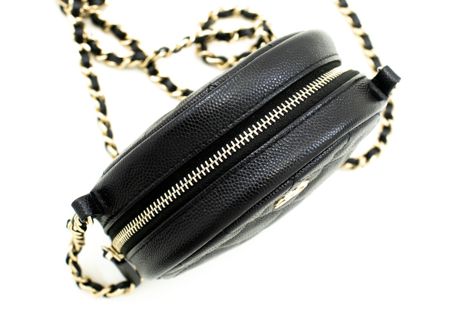 Chanel Round Compartment Clutch With Chain Quilted Caviar Leather Black Calfskin Clutche & Pouche Bag (Pre-Owned)
