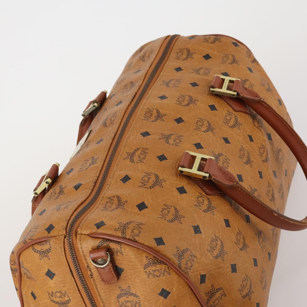 MCM Vicetos Logogram Boston Brown Leather Travel Bag Bag (Pre-Owned)