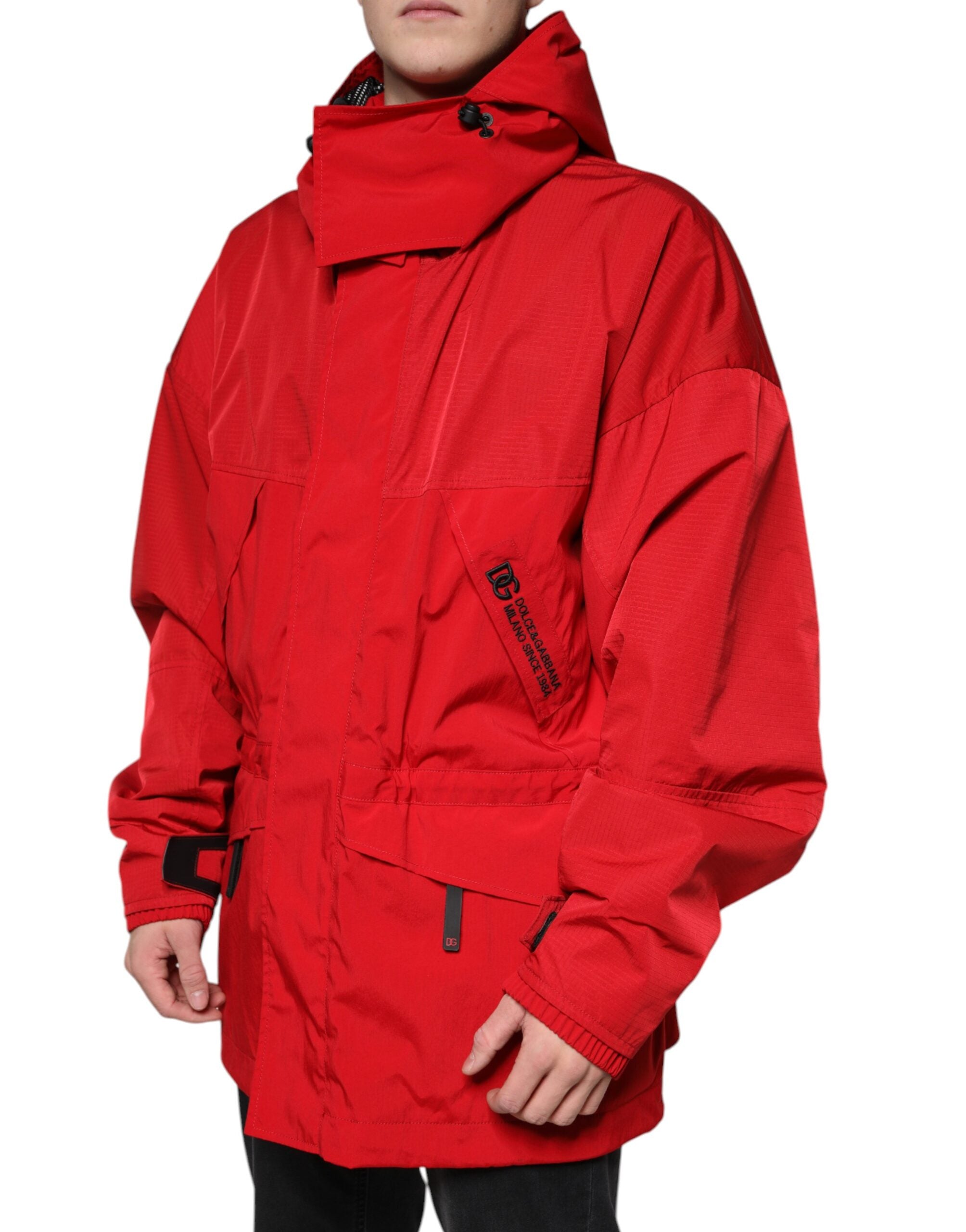 Dolce & Gabbana Red Nylon Hooded Men Full Zip Parka Men's Jacket
