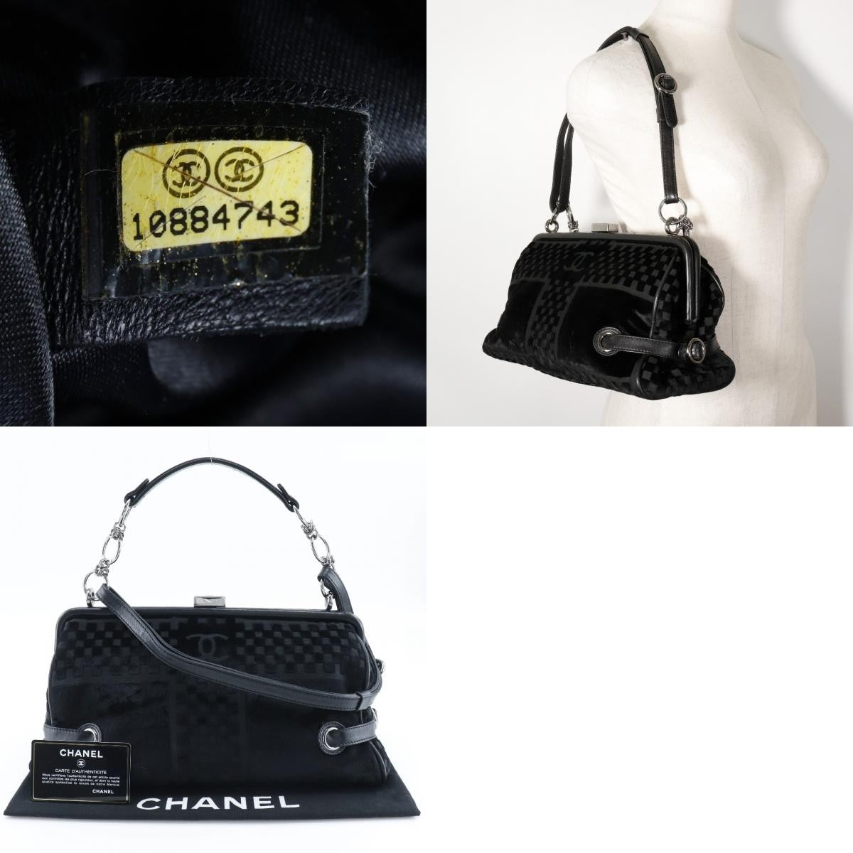 Chanel Vintage Cc Side Belted Bowler Check Embossed Velvet Black Velvet Shoulder Bag Bag (Pre-Owned)