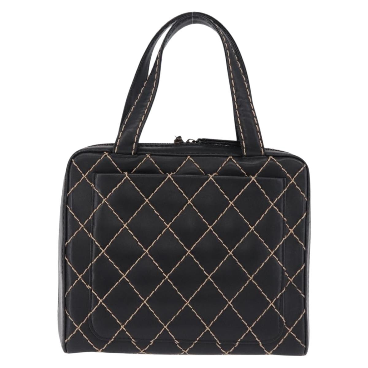 Chanel Surpique Zip Around Satchel Quilted Leather Black Leather Handbag (Pre-Owned)