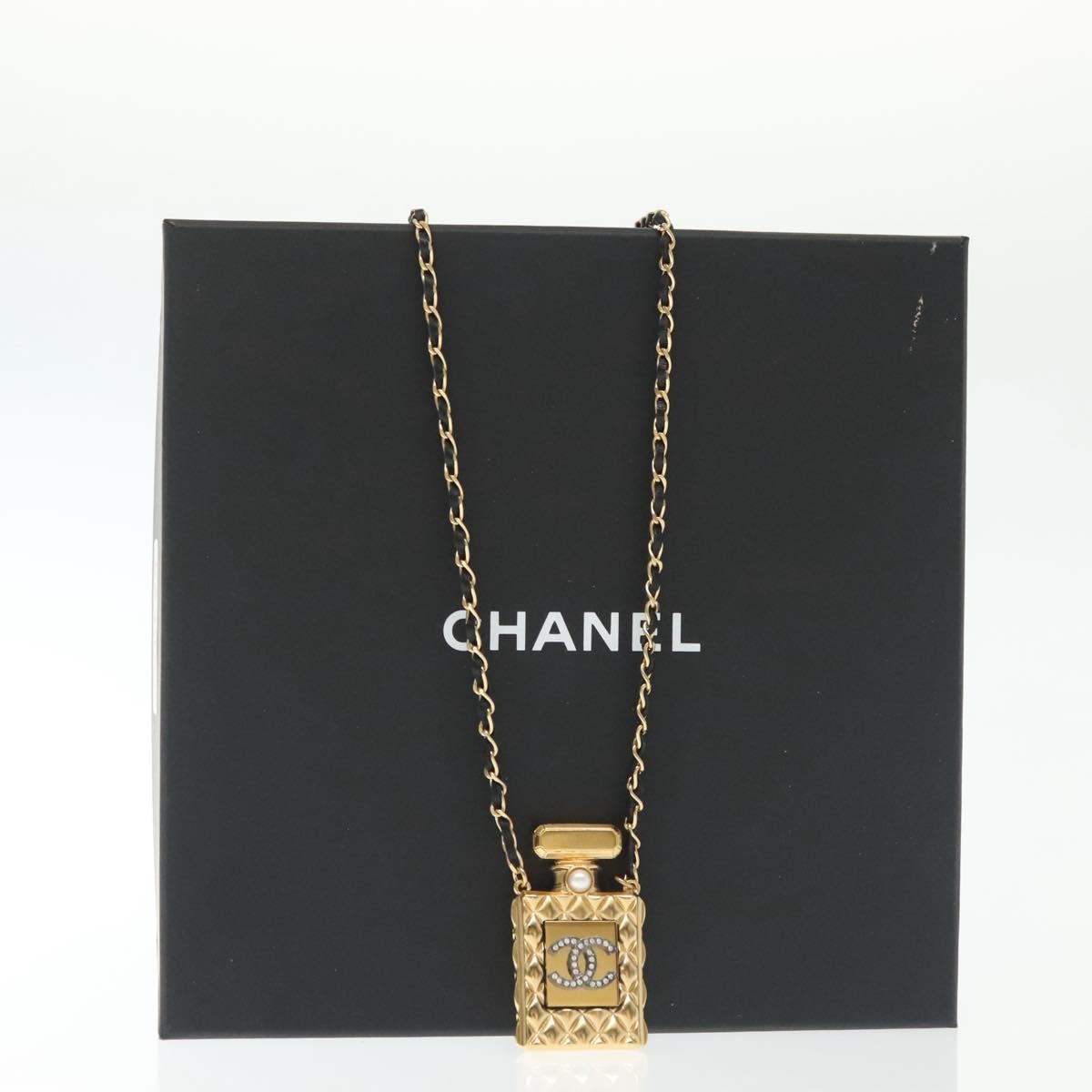 Chanel Cc Perfume Bottle Pendant Chain Long Metal With Leather, Crystals And Faux Pearl Gold Metal Necklace Jewelry (Pre-Owned)