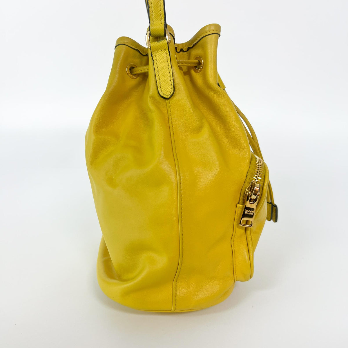 Prada Duet Drawstring Bucket Leather Yellow Leather Handbag (Pre-Owned)