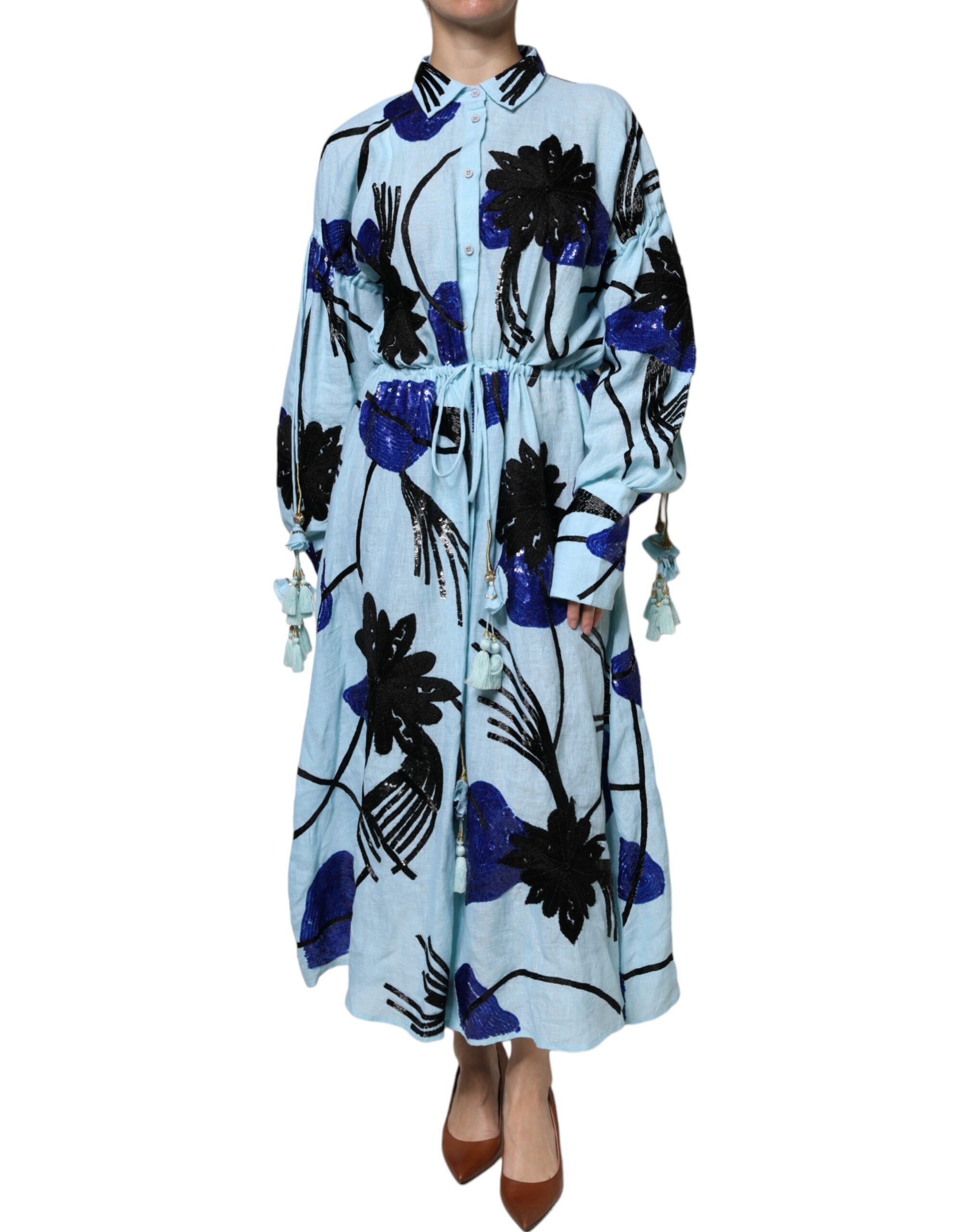Christian Pellizzari Light Blue Floral Embellished Shirt Maxi Women's Dress