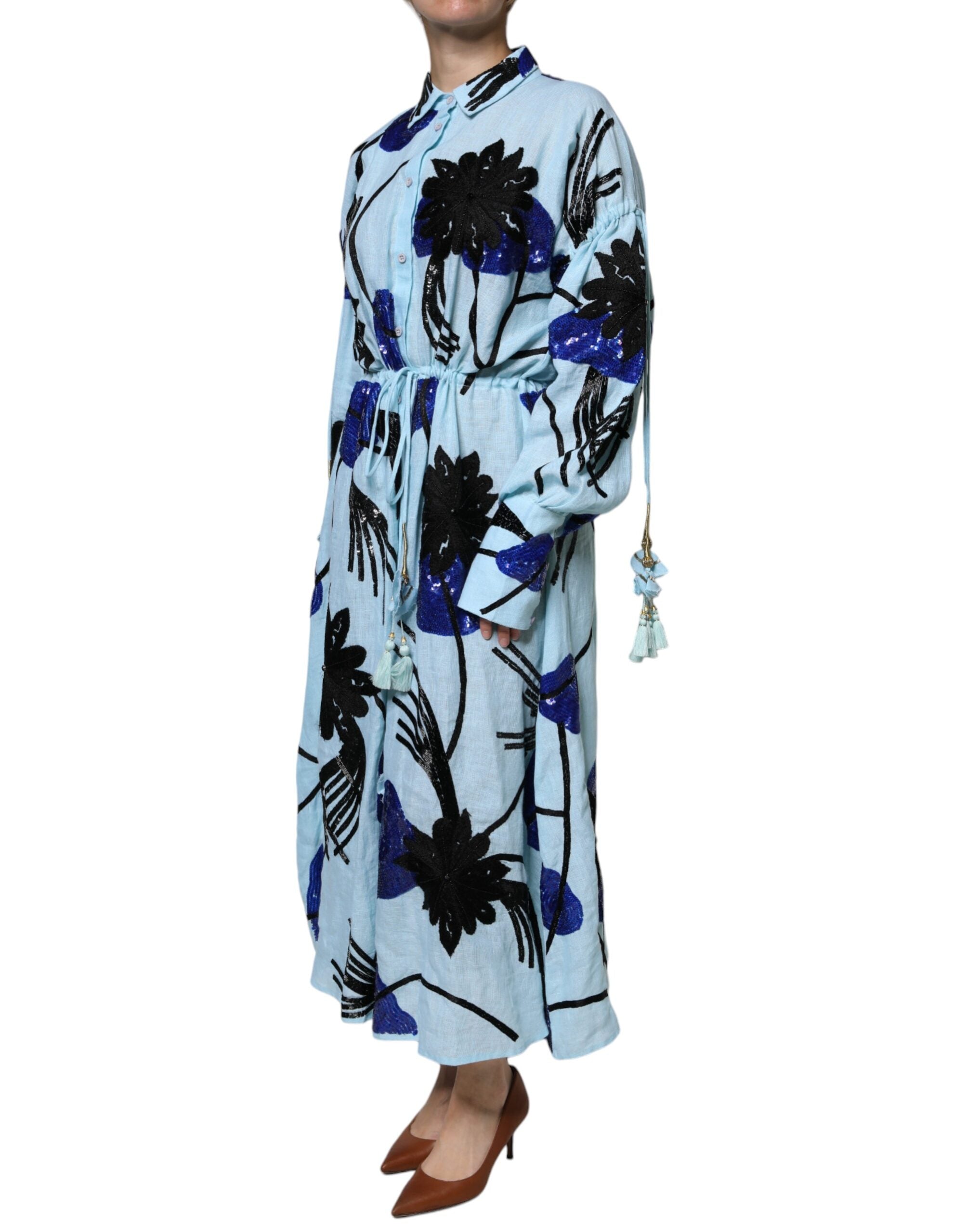 Christian Pellizzari Light Blue Floral Embellished Shirt Maxi Women's Dress