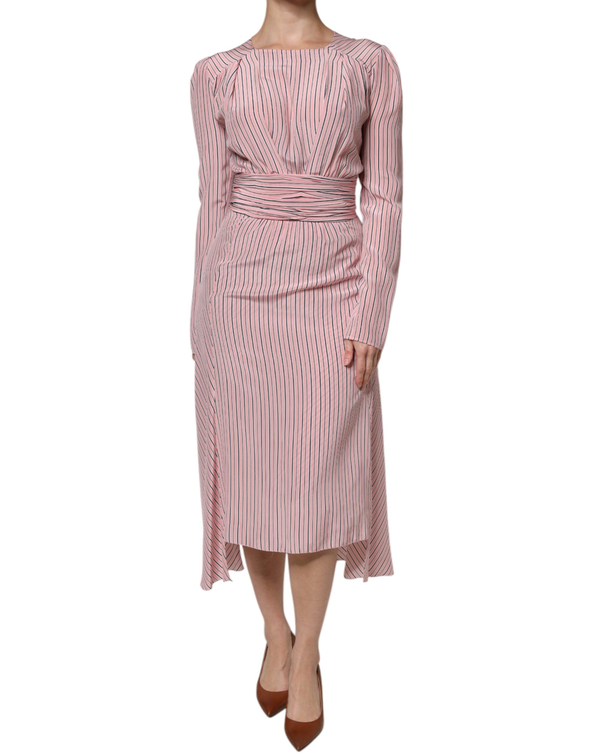 Ermanno Scervino Pink Stripes Silk Long Sleeves Midi Women's Dress (Pre-Owned)
