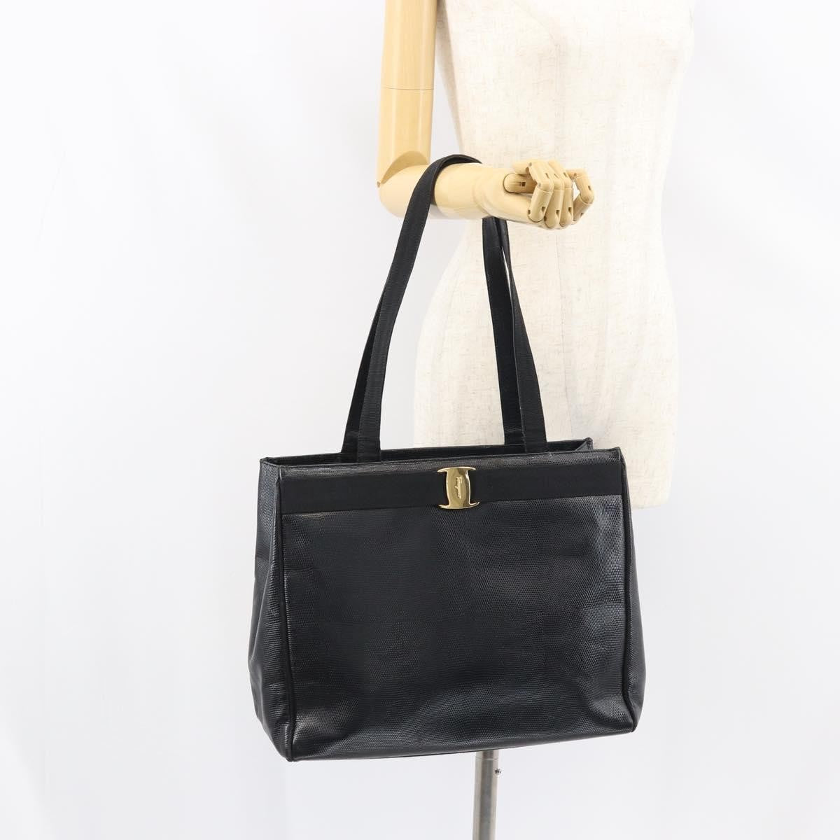 Salvatore Ferragamo Vintage Vara Bow Lizard Embossed Leather Black Leather Tote Bag Bag (Pre-Owned)