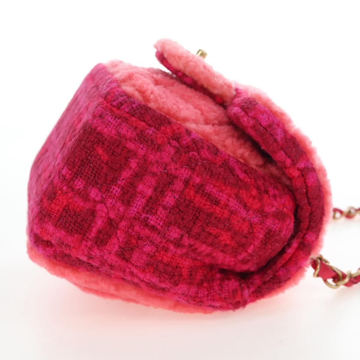 Chanel Vintage Square Classic Single Flap Quilted Shearling And Tweed Pink Canvas Handbag (Pre-Owned)