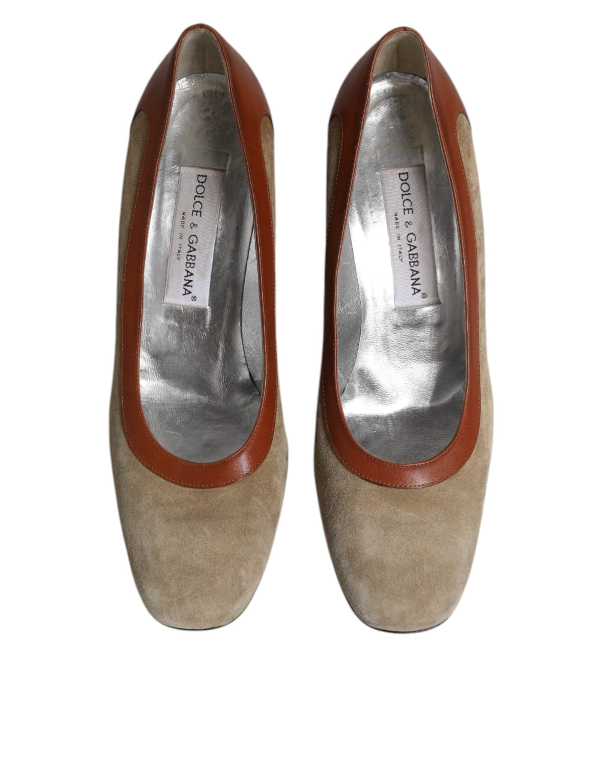 Dolce & Gabbana Beige Brown Leather Block Heels Pumps Women's Shoes (Pre-Owned)