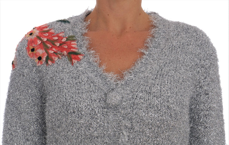 Dolce & Gabbana Silver Cardigan Floral Applique Women's Sweater