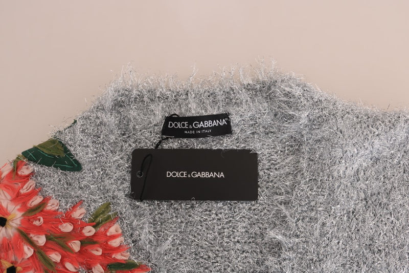 Dolce & Gabbana Silver Cardigan Floral Applique Women's Sweater