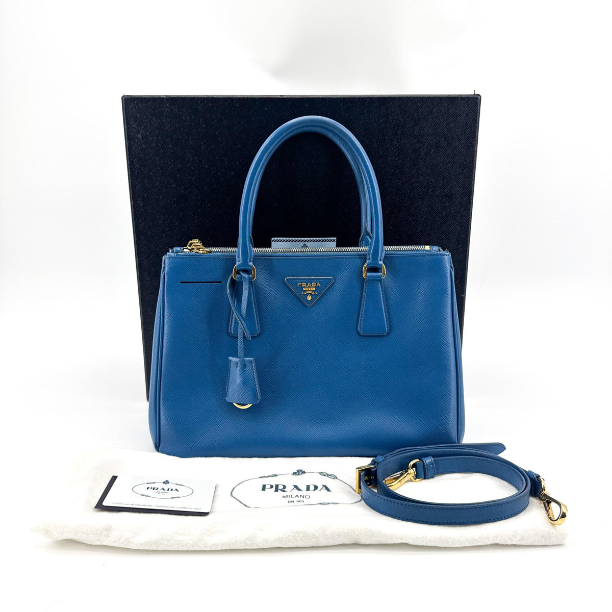 Prada Double Zip Lux Saffiano Leather Blue Leather Tote Bag Bag (Pre-Owned)
