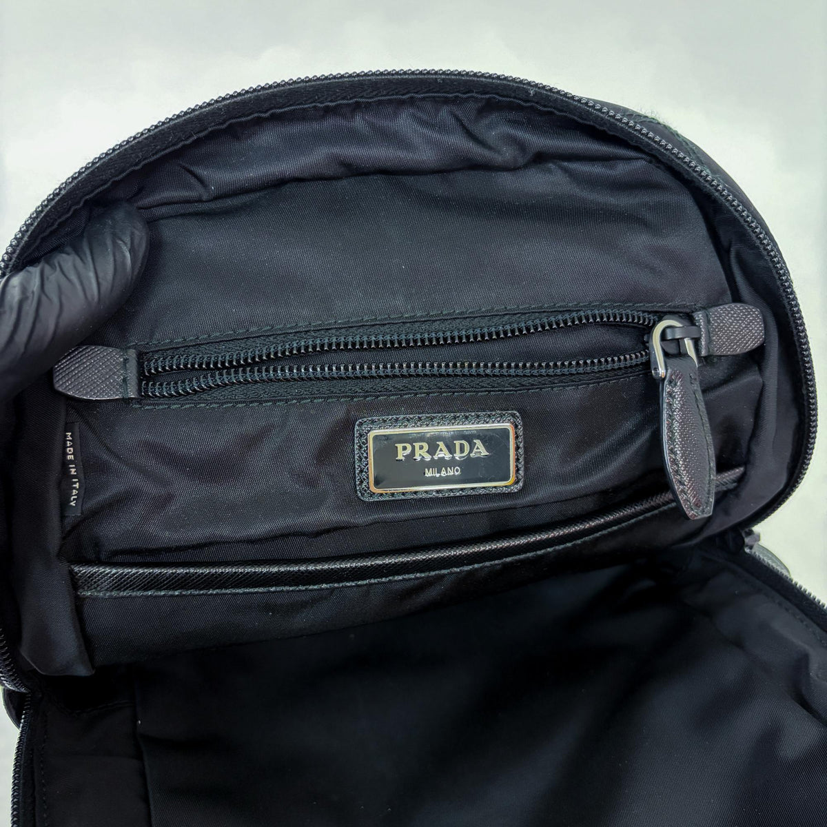 Prada Zip Sling Re-Nylon Black Nylon Backpack Bag (Pre-Owned)