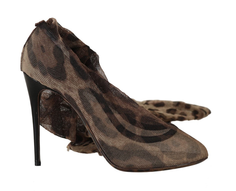 Dolce & Gabbana Brown Leopard Tulle Long Socks Women's Pumps