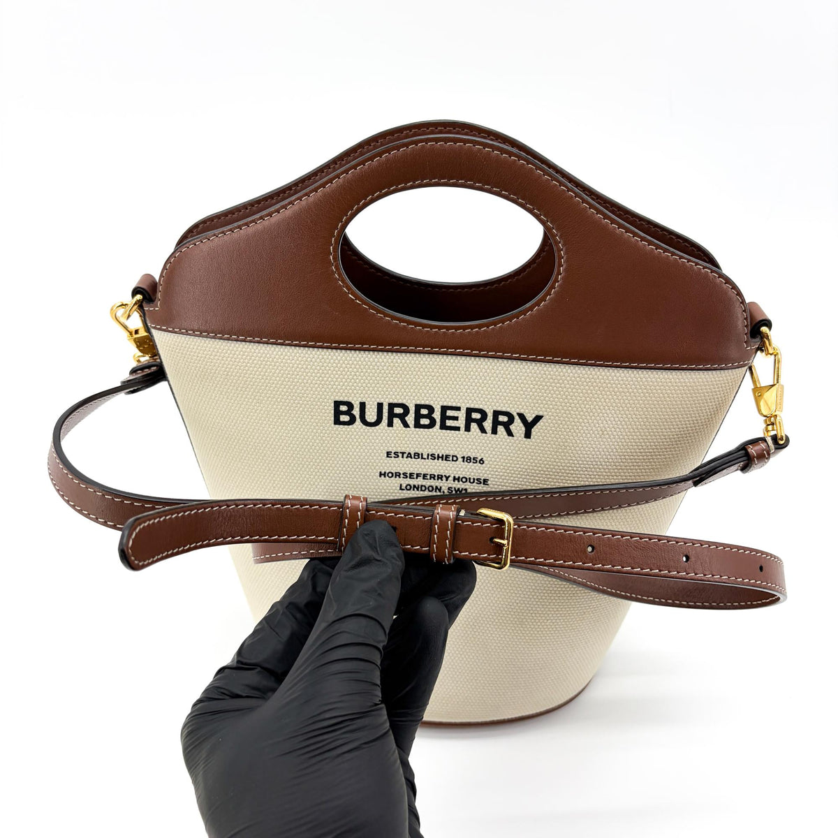 Burberry Pocket Bucket Canvas With Leather Black Canvas Handbag (Pre-Owned)