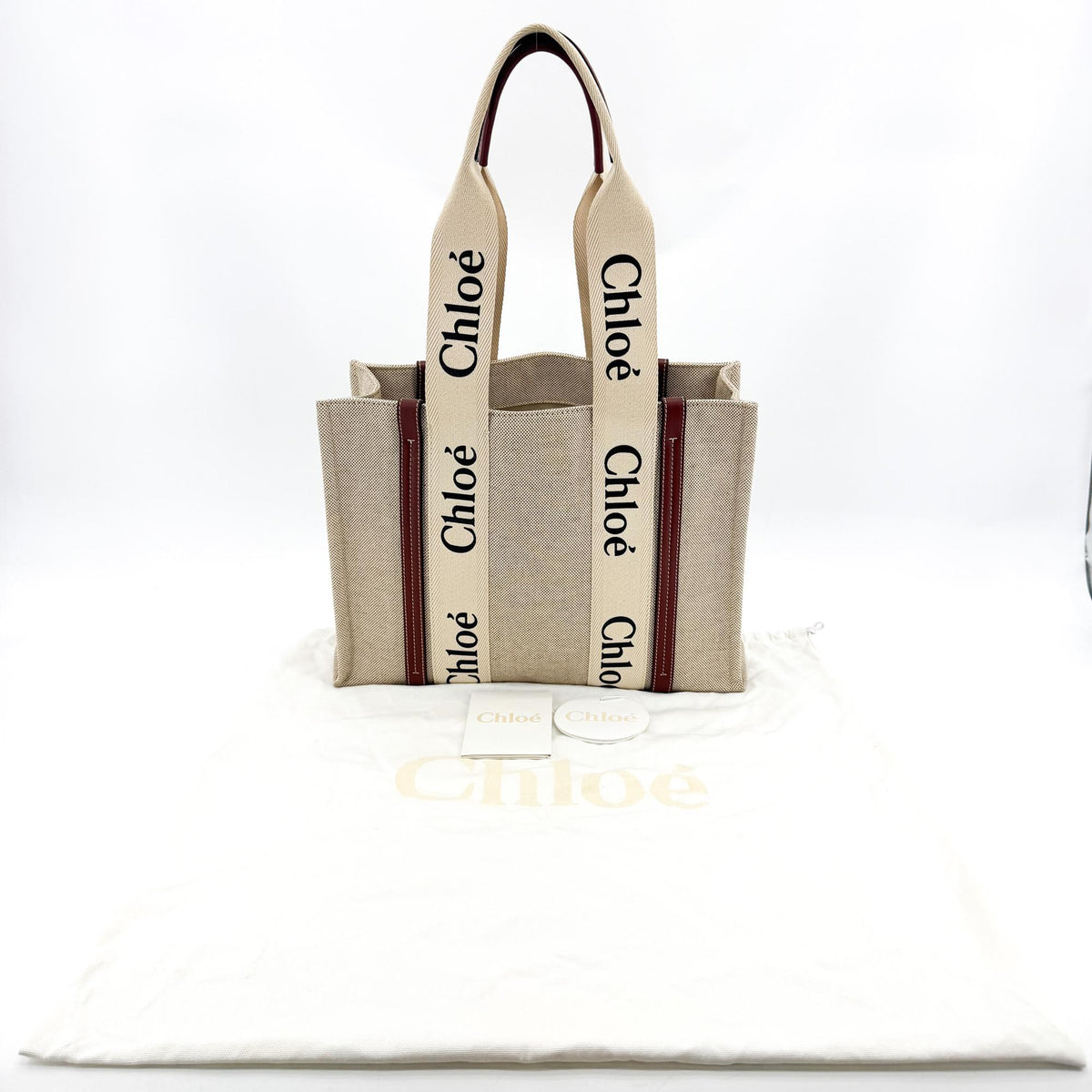 Chloe Woody Tote Canvas With Leather Beige Canvas Handbag (Pre-Owned)