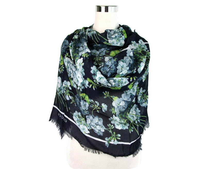 Gucci 400 Women's Navy Blue Modal / Silk With Blue Bloom Print Scarf 550905 4069