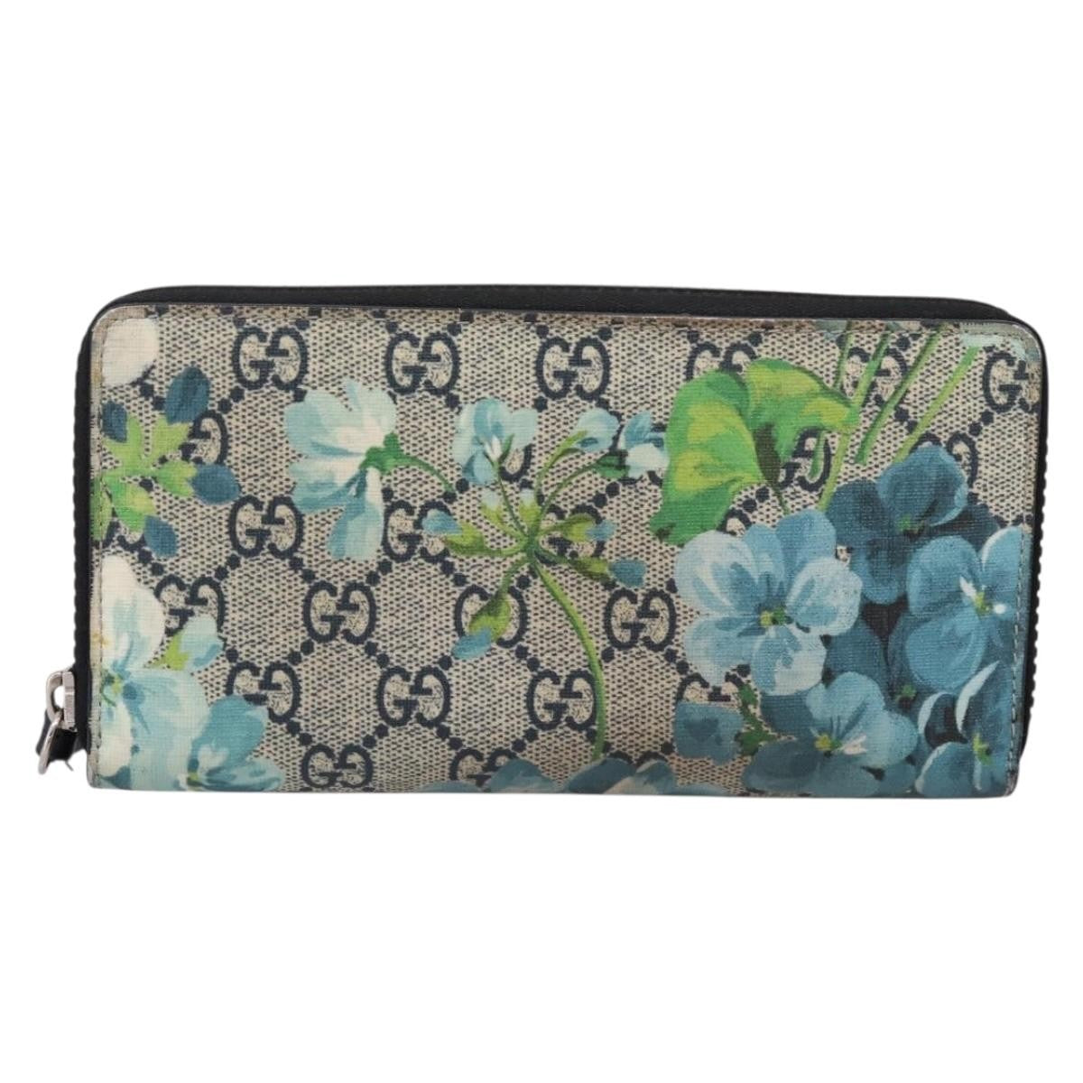 Gucci Zip Around Blooms Print Gg Coated Canvas Blue Pvc Wallets Accessory (Pre-Owned)