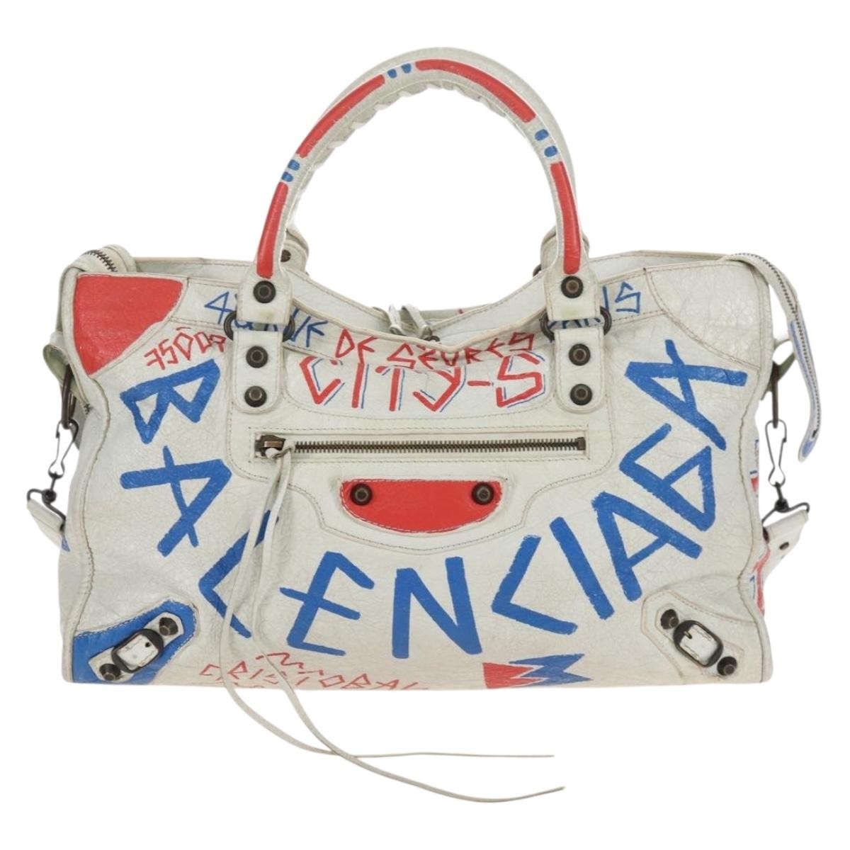 Balenciaga City Graffiti Classic Studs Leather White Leather Handbag (Pre-Owned)