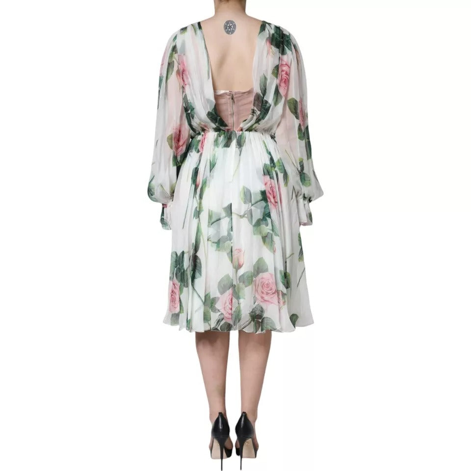 Dolce & Gabbana White Silk Floral Print A-line Midi Women's Dress