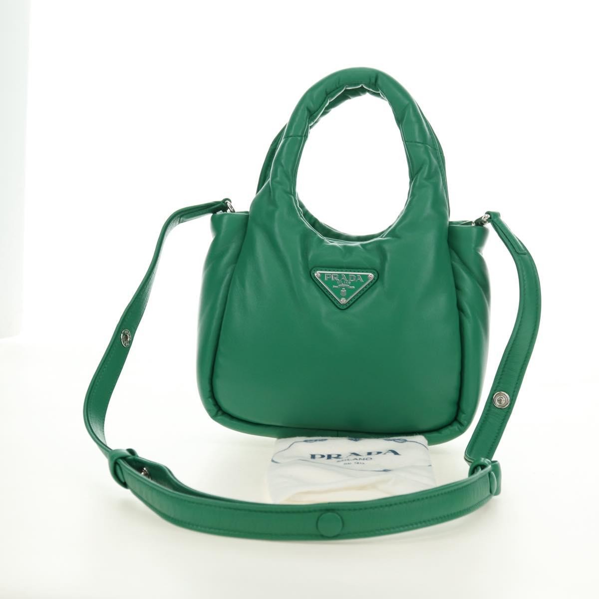 Prada Padded Soft Tote Leather Green Leather Handbag (Pre-Owned)