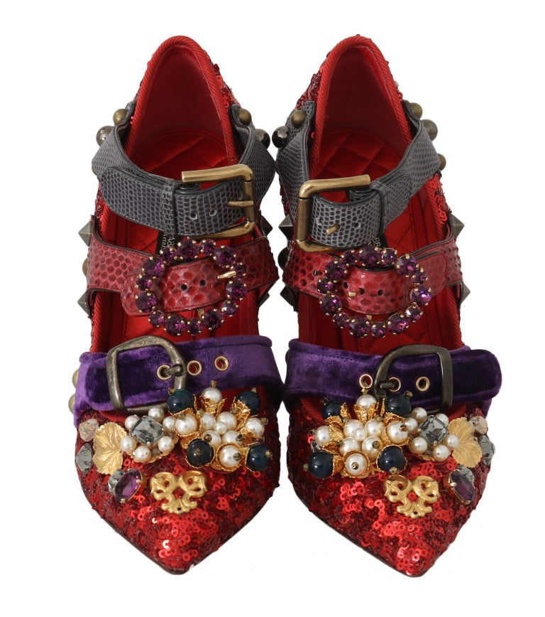 Dolce & Gabbana Red Sequined Crystal Studs Heels Women's Shoes