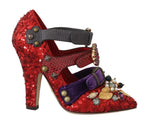 Dolce & Gabbana Red Sequined Crystal Studs Heels Women's Shoes