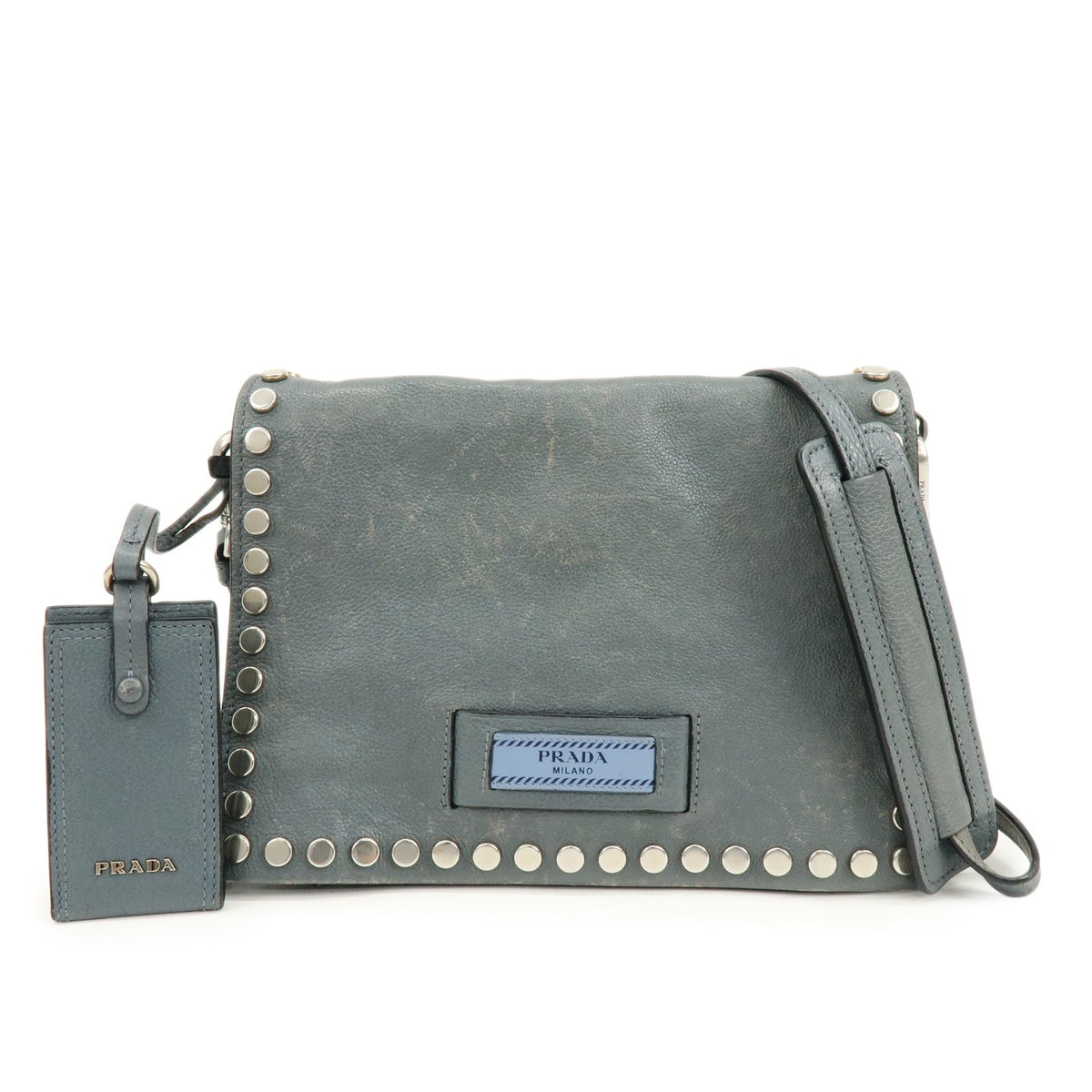 Prada Etiquette Flap Studded Tessuto Gray Leather Handbag (Pre-Owned)