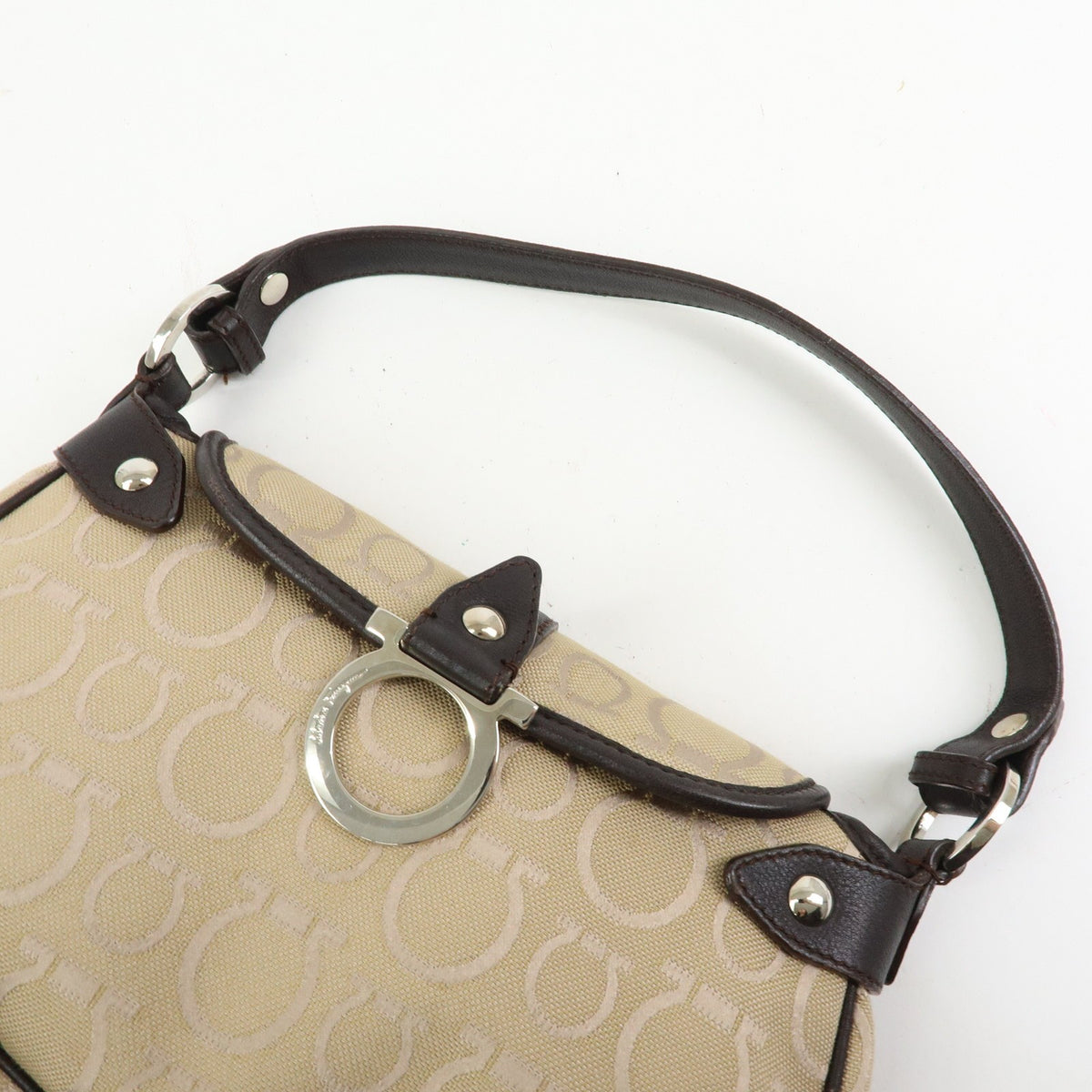Salvatore Ferragamo Gancini Handle Leather Beige Canvas Tote Bag Bag (Pre-Owned)