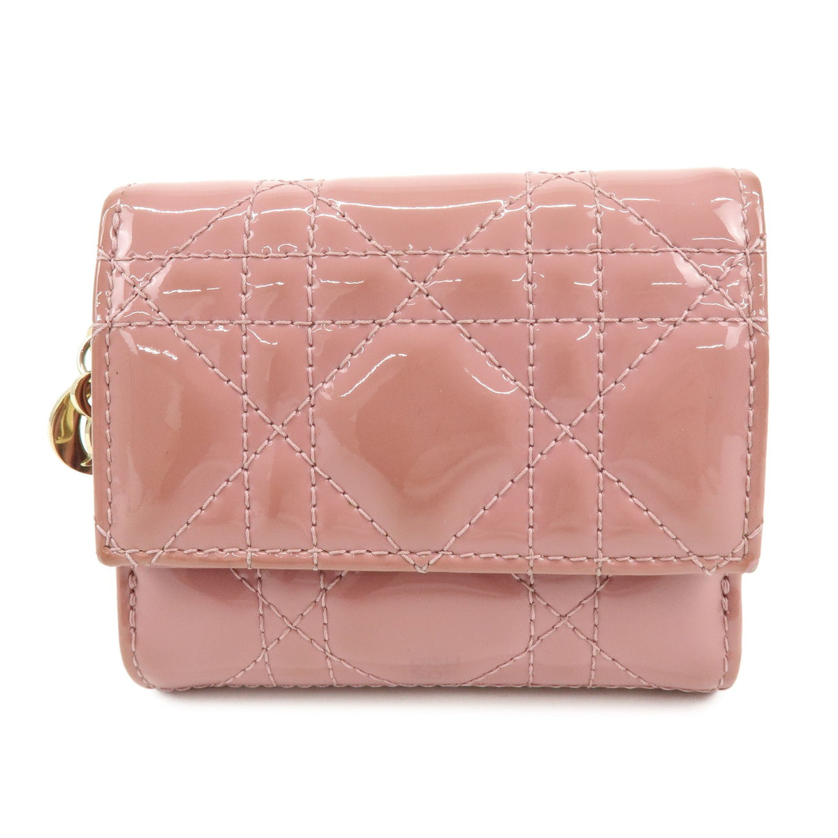 Christian Dior Lady Dior Cannage Quilt Leather Pink Patent_Leather Wallets Accessory (Pre-Owned)