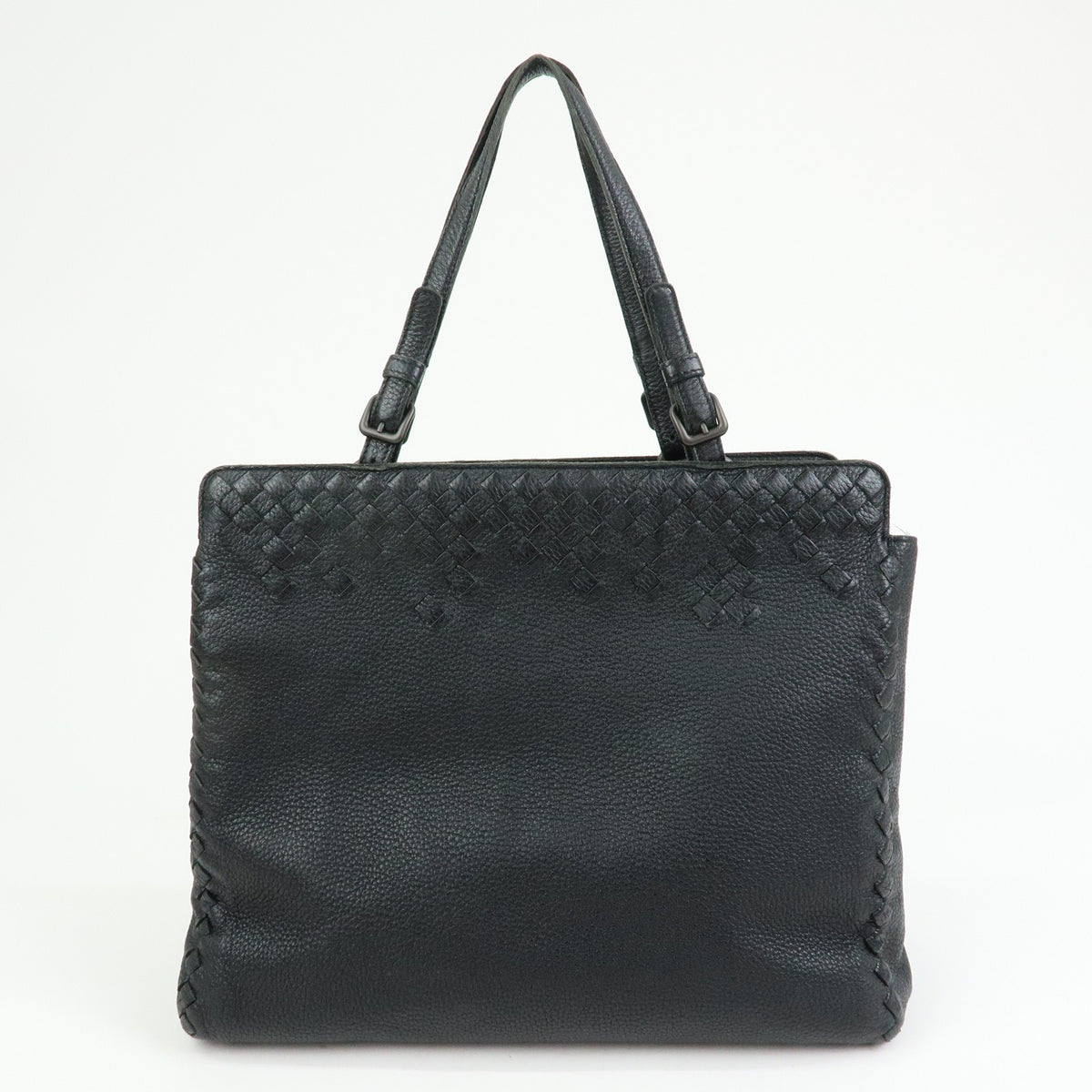 Bottega Veneta A-Shape Leather With Intrecciato Detail Black Leather Tote Bag Bag (Pre-Owned)