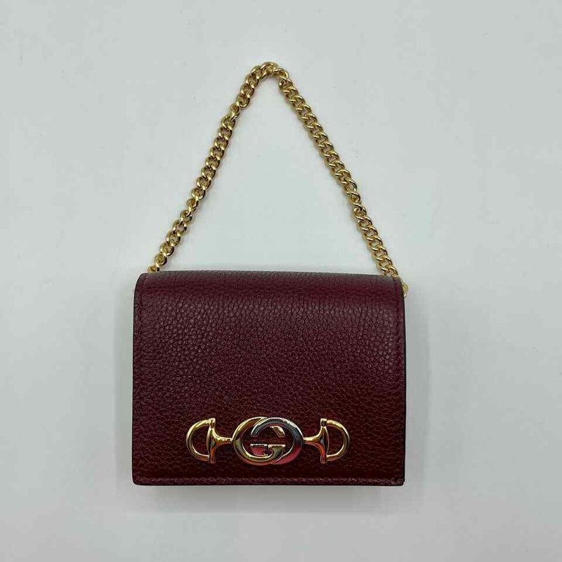 Gucci Women's Zumi Burgundy Leather Gold Chain Bi-Fold Mini Wallet w/box