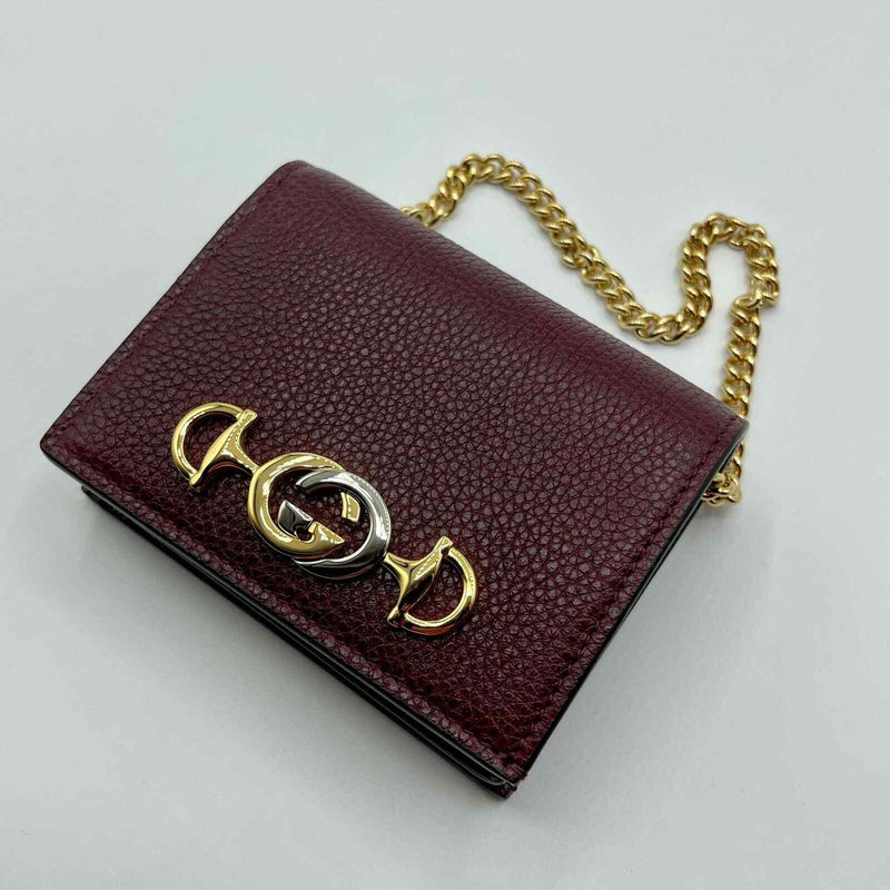Gucci Women's Zumi Burgundy Leather Gold Chain Bi-Fold Mini Wallet w/box