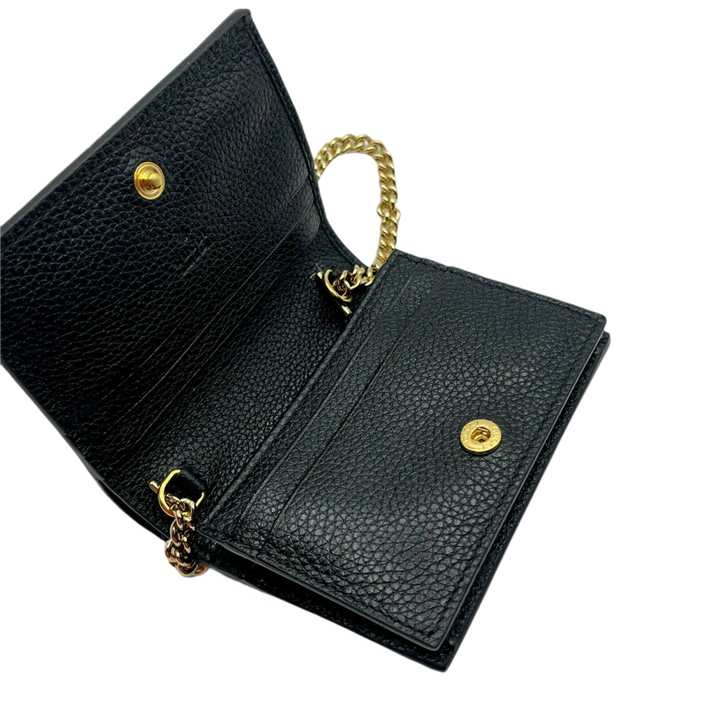 Gucci Zumi Women's Black Leather Gold Chain Bi-Fold Mini Wallet GG Logo