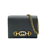 Gucci Zumi Women's Grey Leather Gold Chain Bi-Fold Mini Wallet GG Logo