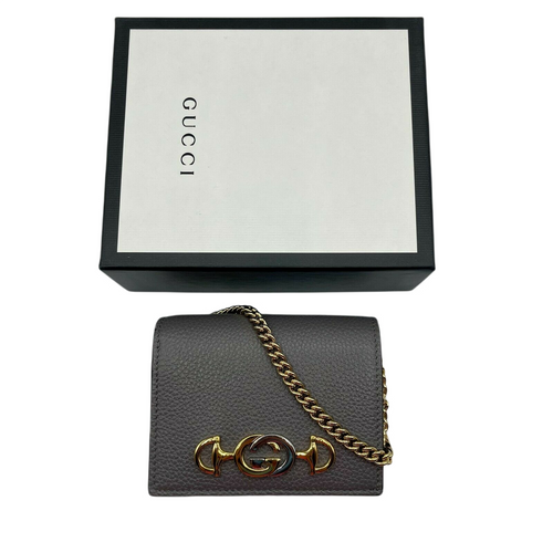 Gucci Zumi Women s Grey Leather Gold Chain Bi Fold Mini Wallet GG Logo
