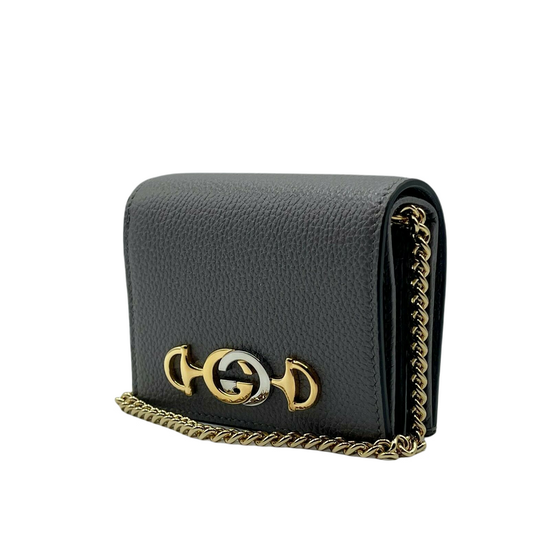 Gucci Zumi Women's Grey Leather Gold Chain Bi-Fold Mini Wallet GG Logo