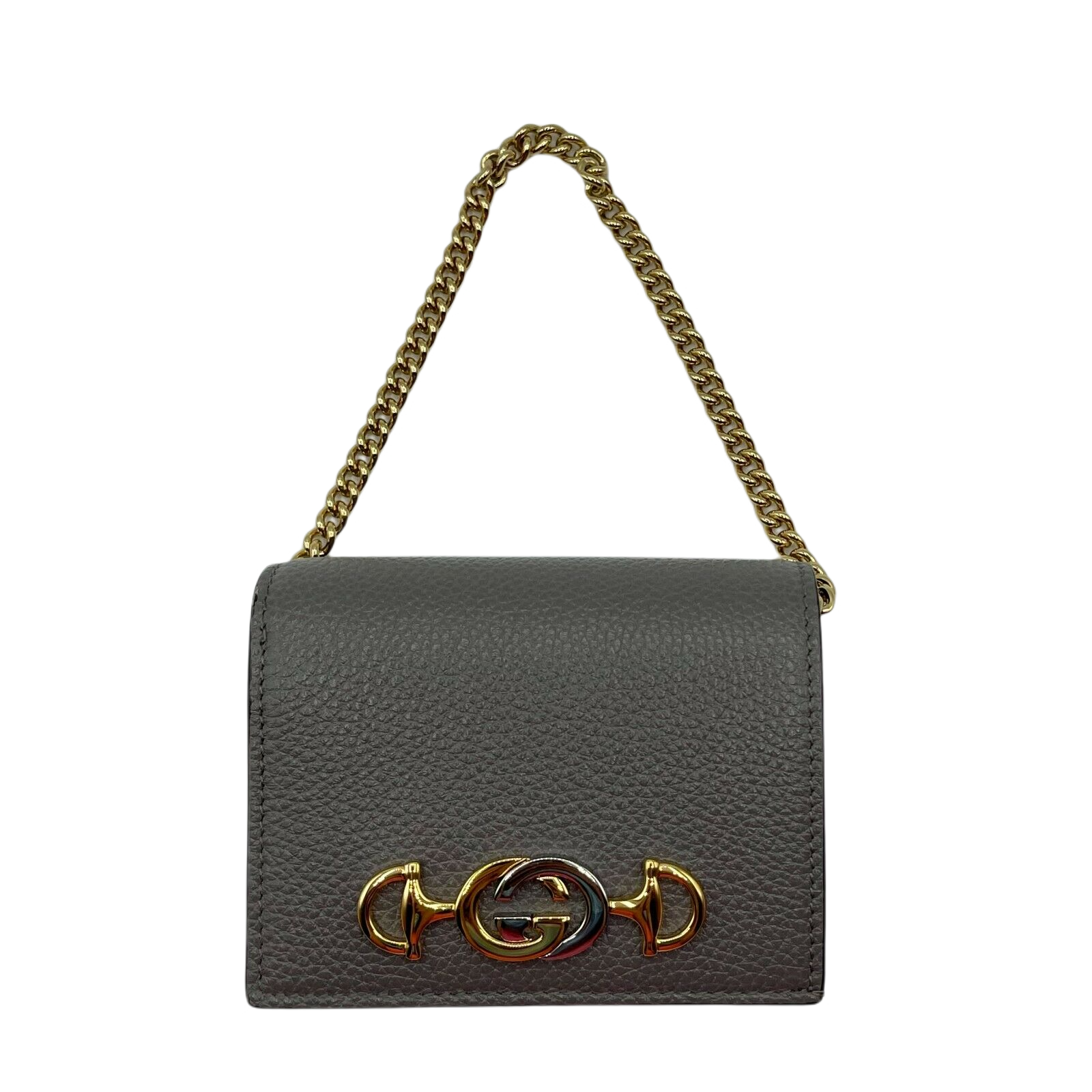 Gucci Zumi Women's Grey Leather Gold Chain Bi-Fold Mini Wallet GG Logo