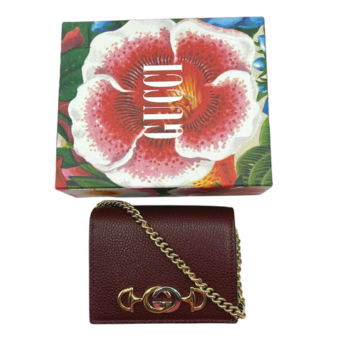 Gucci Zumi Burgundy Leather Gold Chain Bi-Fold Mini Wallet