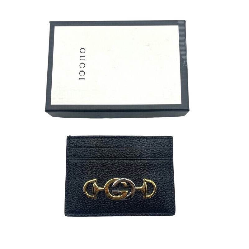 New Women's Gucci Zumi Black Leather Card Holder Wallet Metal GG Logo w/Box