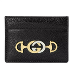 Gucci Women's Zumi Black Leather Card Holder Wallet Metal GG Logo 570679 1000