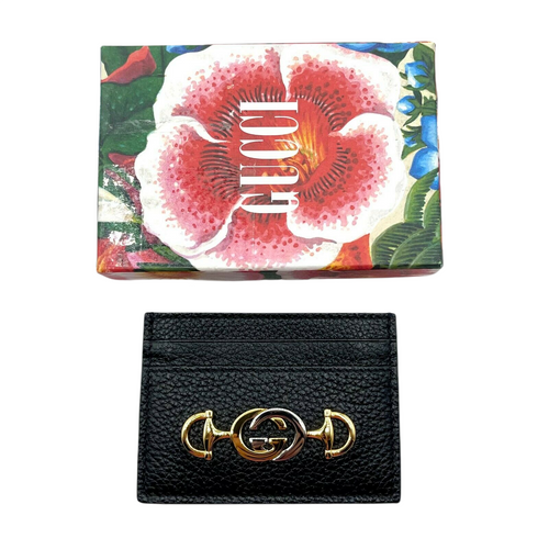 Gucci Women's Zumi Black Leather Card Holder Wallet Metal GG Logo