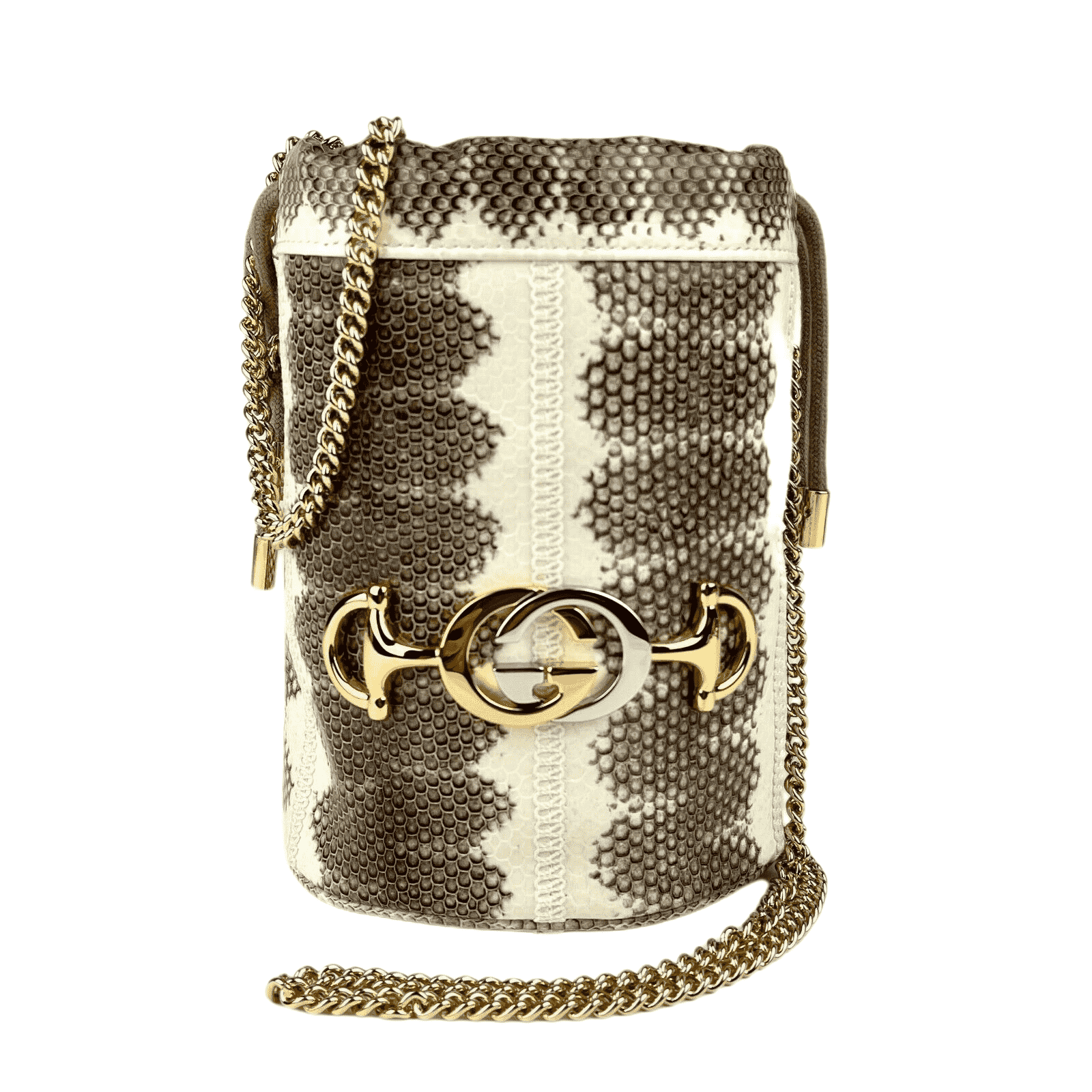 Zumi White Gray Snakeskin Drawstring Bucket Mini Chain Bag