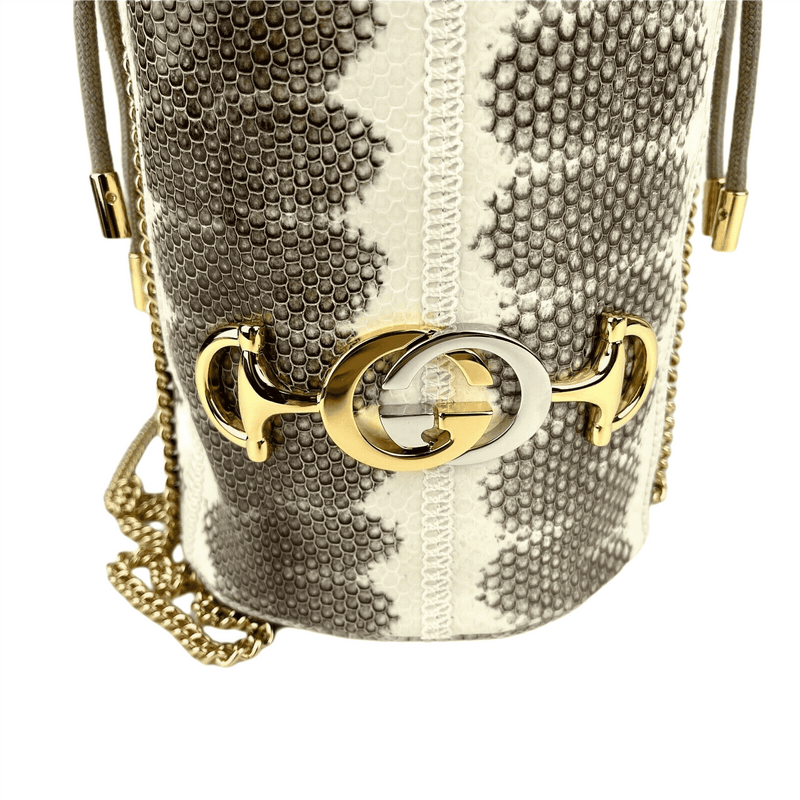 Gucci Zumi White/Gray Snakeskin Mini Drawstring Bucket Chain Bag