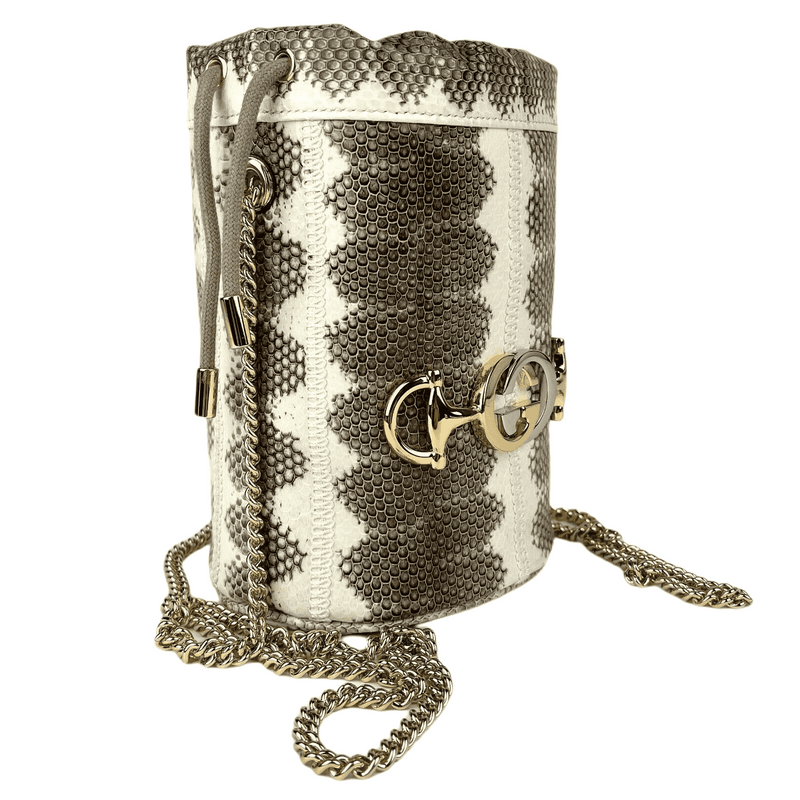 Gucci Zumi White/Gray Snakeskin Mini Drawstring Bucket Chain Bag